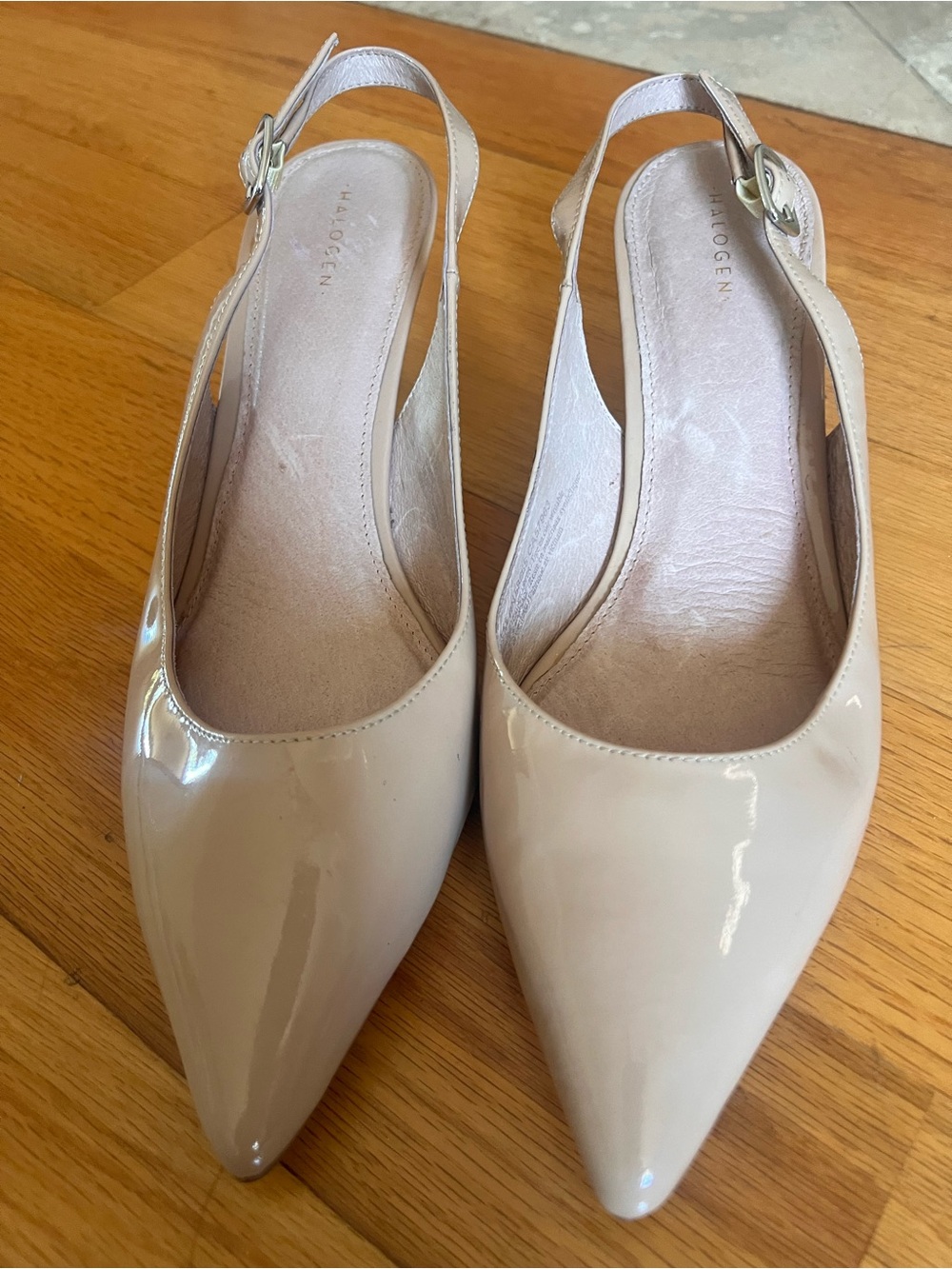Halogen Patent Pointed-Toe Slingback Flats in Nude